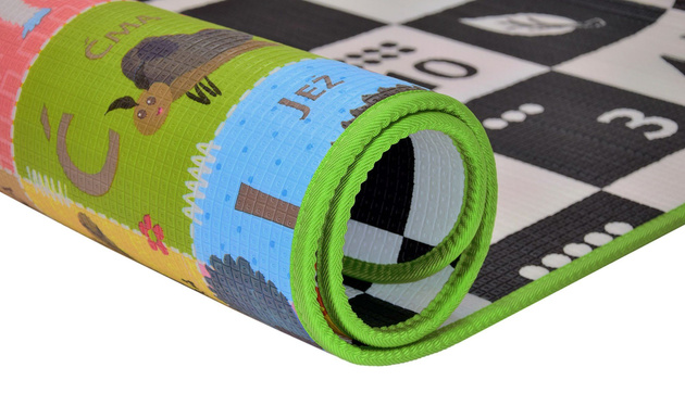 Humbi Piankowa dwustronna mata edukacyjna Szachownica 3w1 Polski Alfabet Cyfry Obrazki Kontrastowe czarno-biała 150 x 180 x 1 cm