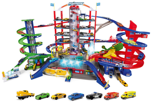 Velká garáž Super City 7 úrovní + 6 aut a lokomotiva se zvukem a světlem