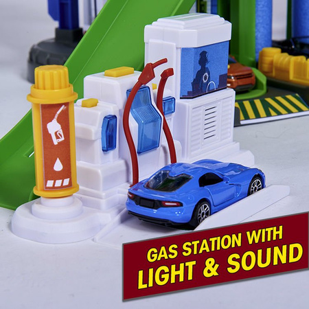 Velká garáž Super City 7 úrovní + 6 aut a lokomotiva se zvukem a světlem