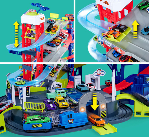 Duży Zestaw Wielki Wielofunkcyjny Garaż Super Centrum Pościgu + 4 kolorowe auta radiowóz i niebieski pociąg Światło Dźwięk