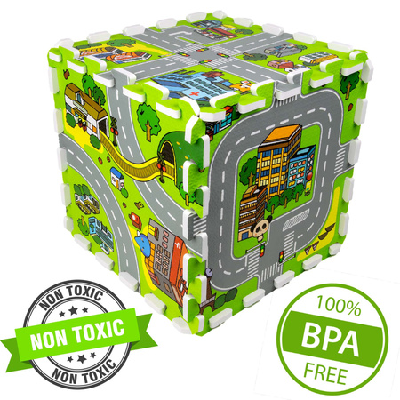 Humbi Vzdělávací podložka Silné pěnové puzzle 31,5 x 31,5 x 1 cm 9 kusů Barevné ulice Miasto sto ulic Budovy Domy Domy domy