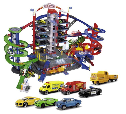 Velká garáž Super City 7 úrovní + 6 aut a lokomotiva se zvukem a světlem