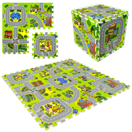Humbi Vzdělávací podložka Silné pěnové puzzle 31,5 x 31,5 x 1 cm 9 kusů Barevné ulice Miasto sto ulic Budovy Domy Domy domy