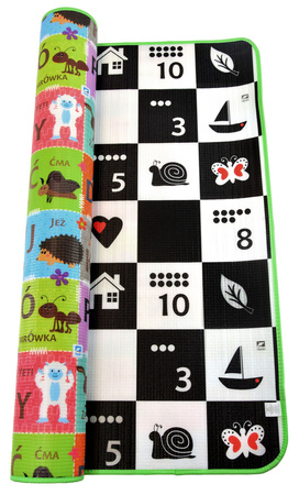 Humbi Piankowa dwustronna mata edukacyjna Szachownica 3w1 Polski Alfabet Cyfry Obrazki Kontrastowe czarno-biała 150 x 180 x 1 cm